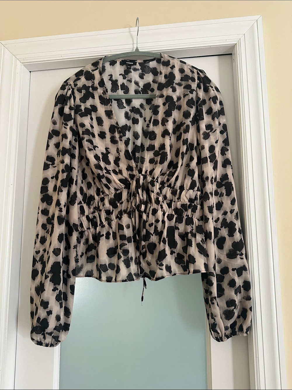 Express Beige and Black Animal-Print Drawstring V-Neck Blouse
